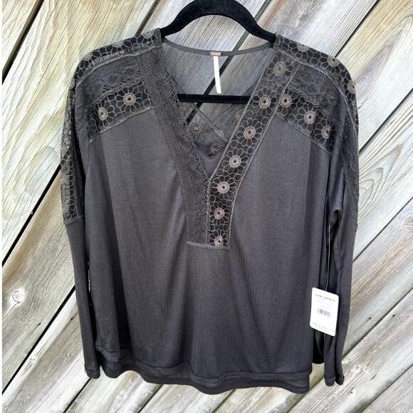Free People Black Lace Trim Ribbed V Neck‎ Long Sleeve Top Blouse Shirt Sz Small - Picture 4 of 9